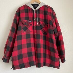 Vintage Dickies quilted lined plaid button down hoodie, red/black, XL